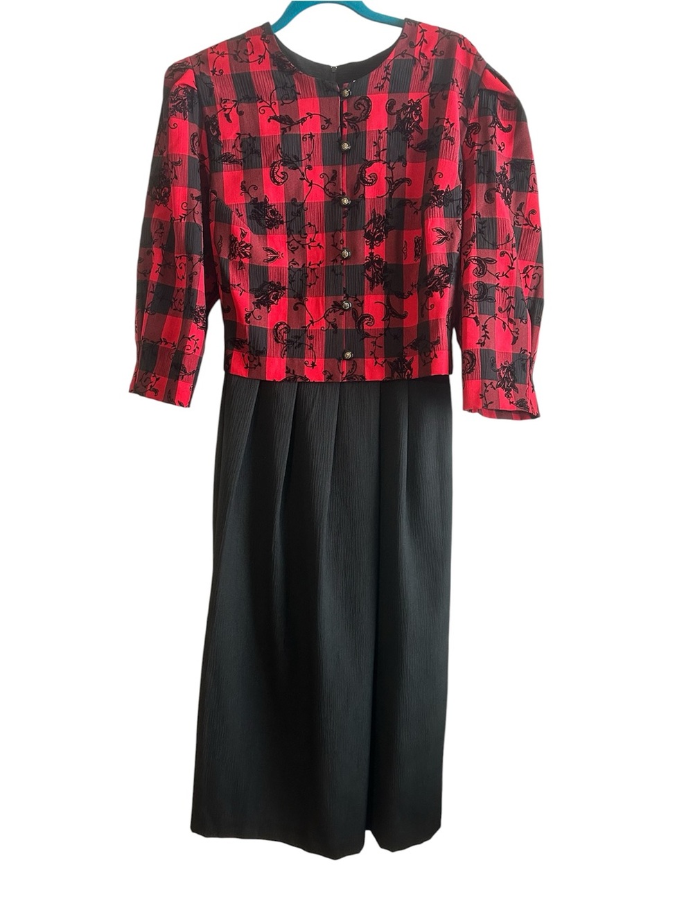 Vintage Miss Dorby Women’s Red Plaid Black Velvet Flower Dress Tie Back Size 18W
